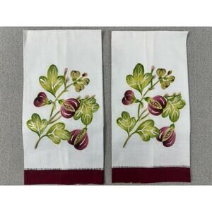 Set of Two (2) Tea Towels LINEN White Maroon & Green Floral VTG Hand Painted